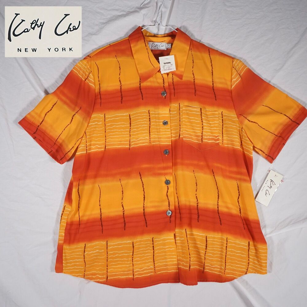 Vintage Kathy Che Button Up Shirt Women's Shoulder Pads Psychedelic Orange 18